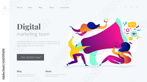 Marketing team metrics, marketing team lead and responsibilities concept. Website homepage interface UI template. Landing web page with infographic concept hero header image.