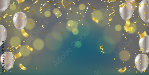 foil balloons with confetti in shining bokeh background. realistic vector illustration