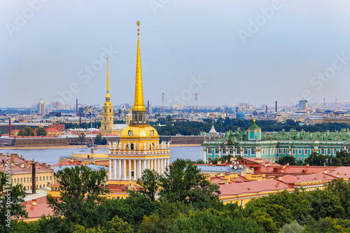 City skyline with the Admiralty spire  Peter and Paul Fortress  river Neva and Hermitage Winter Palace in Saint Petersburg  Russia