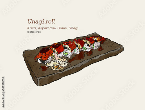 Unagi roll, hand draw sketch vector.