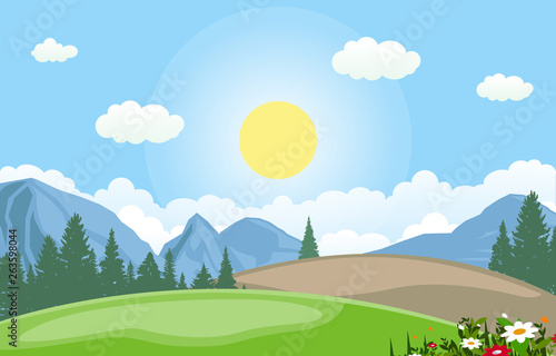 Summer Spring Green Valley Bright Sun Outdoor Landscape Illustration