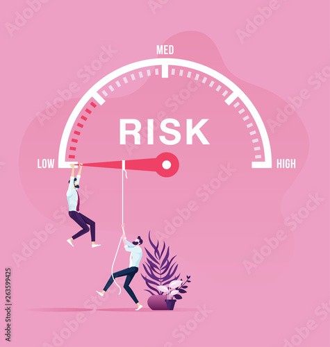 Businessman hanging on needle speed gauge low risk management concept