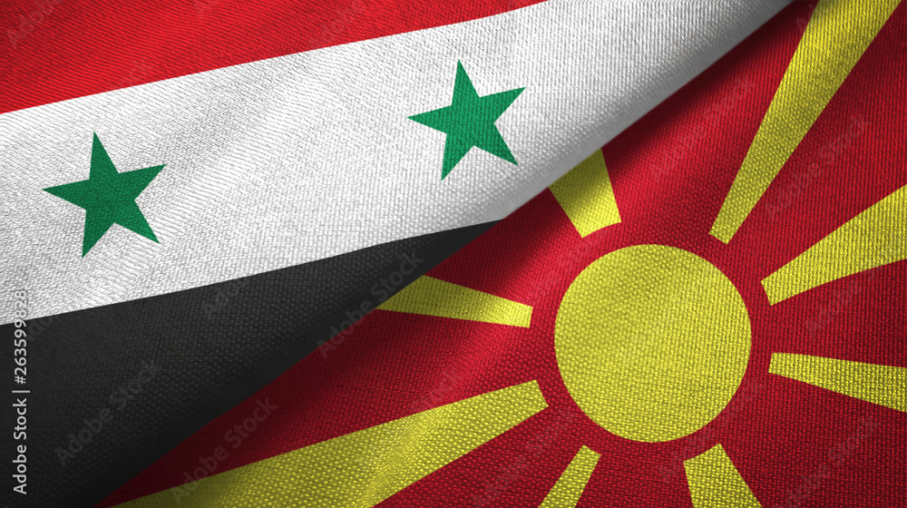 Syria and Macedonia two flags textile cloth, fabric texture Syria and Macedonia two flags textile cloth, fabric texture