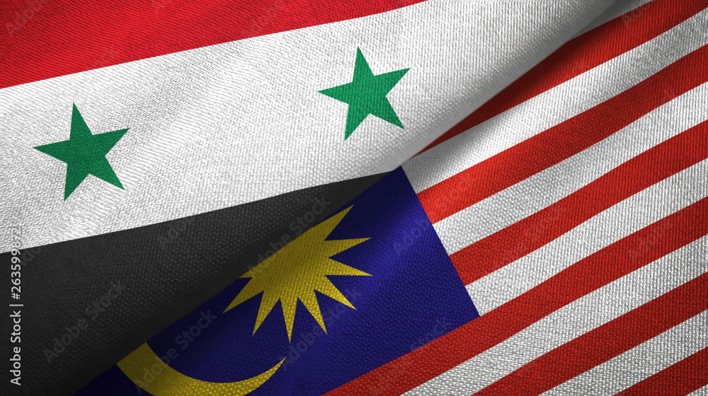 Fototapeta premium Syria and Malaysia two flags textile cloth, fabric texture