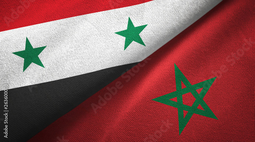 Syria and Morocco two flags textile cloth, fabric texture