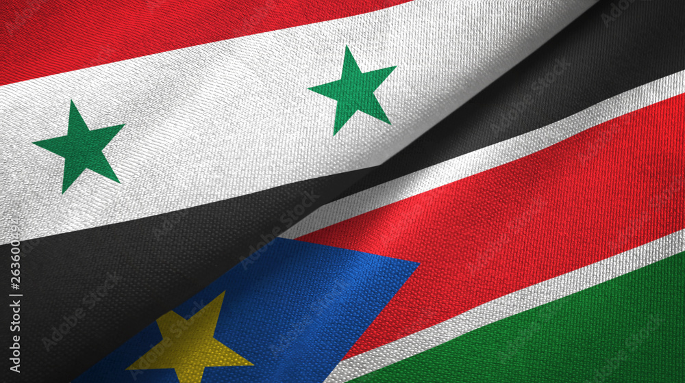 Syria and South Sudan two flags textile cloth, fabric texture Syria and South Sudan two flags textile cloth, fabric texture