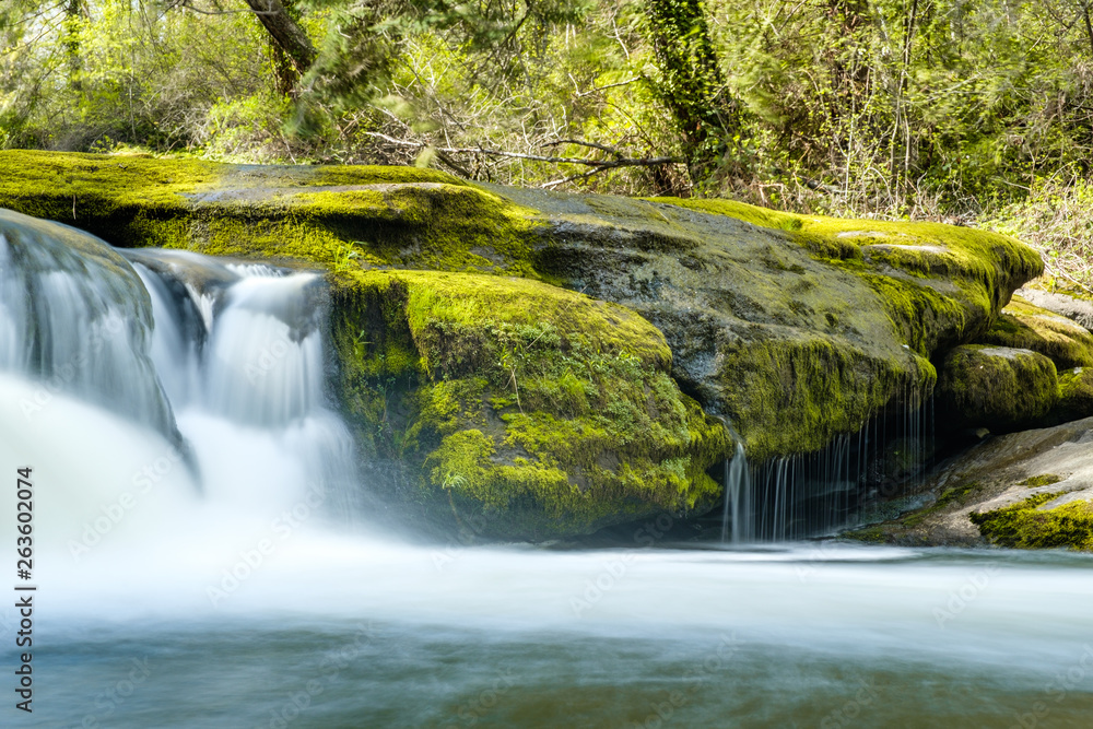 beautiful waterfall besides green moss covered rocks inside forest