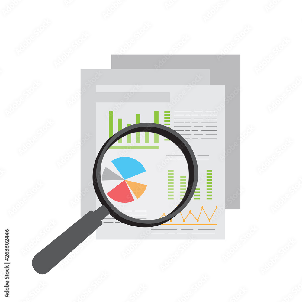 Business report in a paper with a magnifying glass. Vector illustration design Business report in a paper with a magnifying glass. Vector illustration design