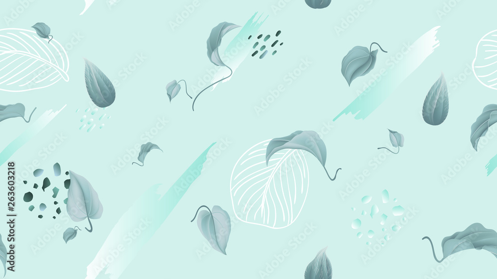 Seamless pattern, leaves and hand drawn graphics on light green background, soft green and blue tones Seamless pattern, leaves and hand drawn graphics on light green background, soft green and blue tones