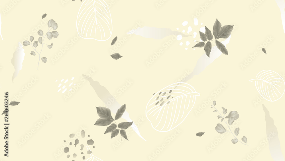 Fototapeta premium Seamless pattern, leaves and hand drawn graphics on light brown background, soft nude and brown tones