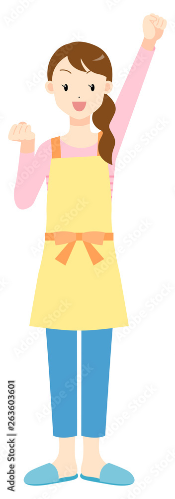 エプロンの女性 ガッツポーズ エプロンの女性 ガッツポーズ