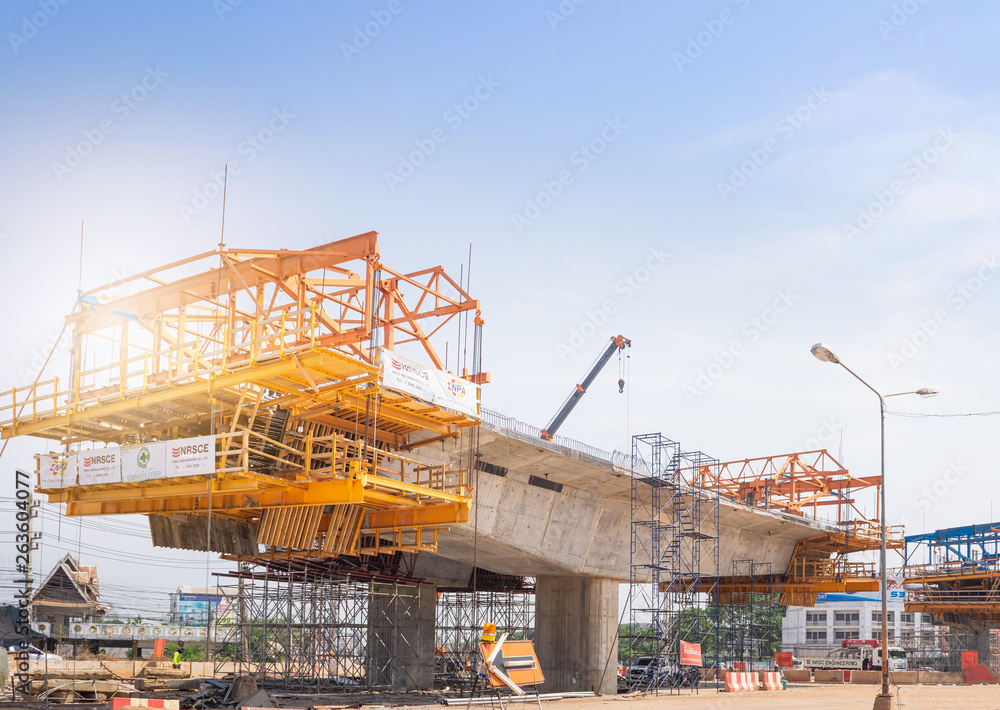 Udon thani, Thailand - April 7. 2019: Bridge construction through Udon thani-Nongkhay path. Thailand.