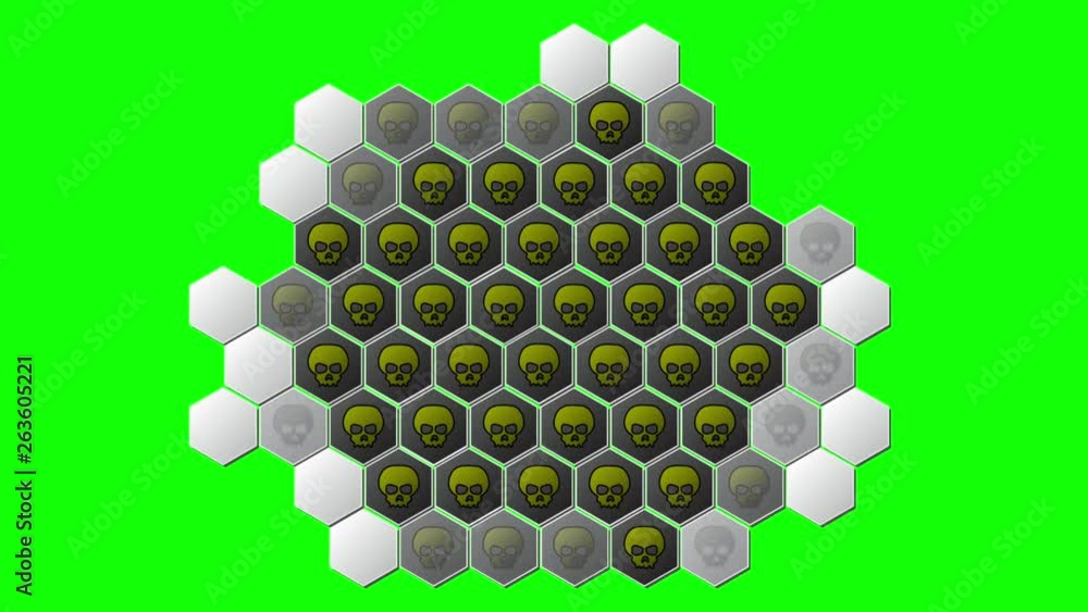 two dimension animation of communicable disease cancer hexagon skull symbol pattern on green screen background, full high definition, twenty five frame per second two dimension animation of communicable disease cancer hexagon skull symbol pattern on green screen background, full high definition, twenty five frame per second