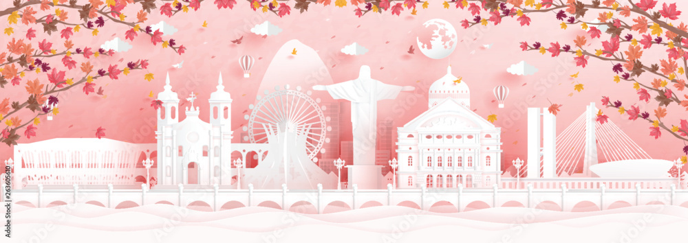 Autumn season with falling maple leaves and Rio de Janeiro, Brazil world famous landmarks in paper cut style vector illustration Autumn season with falling maple leaves and Rio de Janeiro, Brazil world famous landmarks in paper cut style vector illustration
