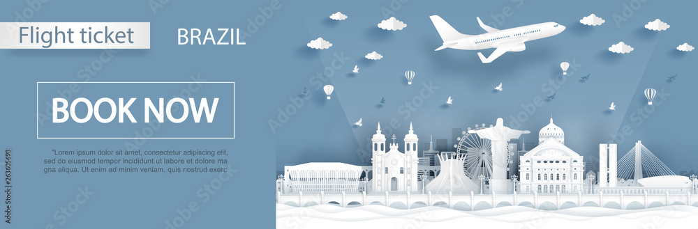 Flight and ticket advertising template with travel concept and famous landmarks in paper cut style vector illustration