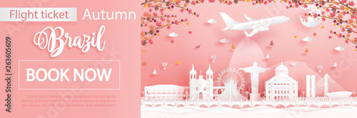 Flight and ticket advertising template with travel concept to Rio de Janeiro, Brazil in autumn season deal with falling maple leaves and famous landmarks in paper cut style vector illustration