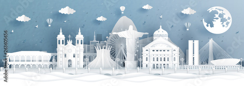 Panorama postcard and travel poster of Brazil world famous landmarks in paper cut style vector illustration