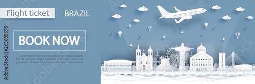 Flight and ticket advertising template with travel concept and famous landmarks in paper cut style vector illustration