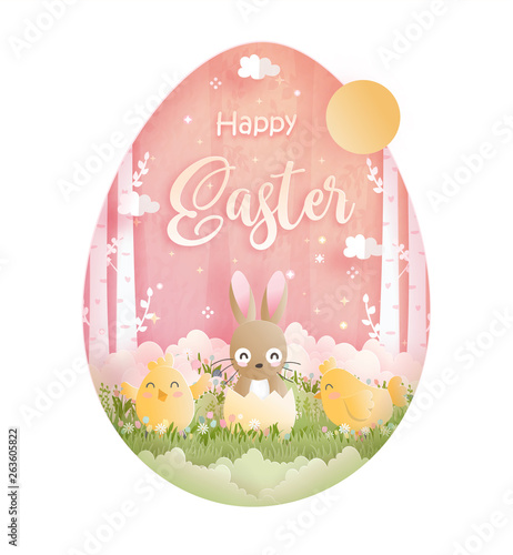 Happy Easter in paper cut style vector illustration.