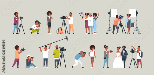 set different poses photographers and cameramans using cameras african american characters shooting video taking pictures working during session collection horizontal full length flat