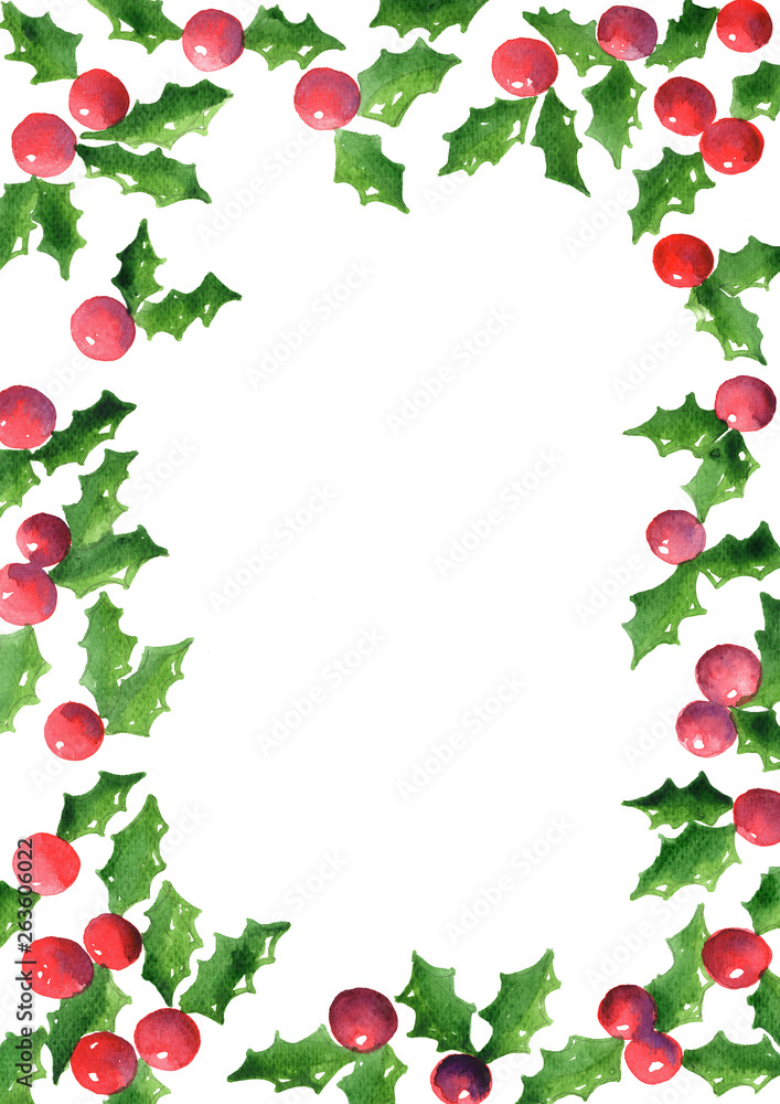 Holly leaves and red berries frame watercolor hand painting for decoration on Christmas holiday and winter events. Holly leaves and red berries frame watercolor hand painting for decoration on Christmas holiday and winter events.