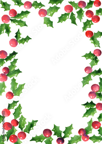 Holly leaves and red berries frame watercolor hand painting for decoration on Christmas holiday and winter events.