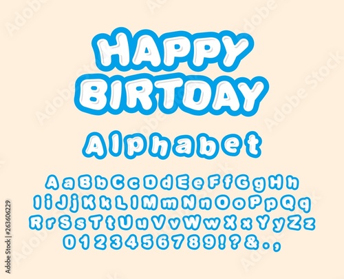 Cute chubby letters with a blue outline. Kids font for packaging design, logo, decor.