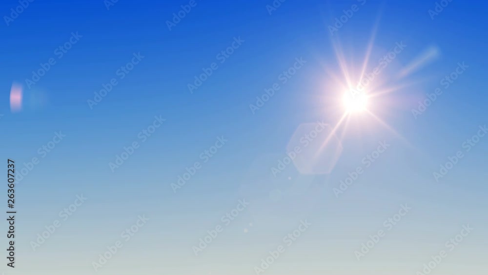 Day to night timelapse seamless loop. Sun rises and sets in the clear blue sky with lens flares in the day, then stars shine and twinkle in the night. Looping 3D animation in this natural background.