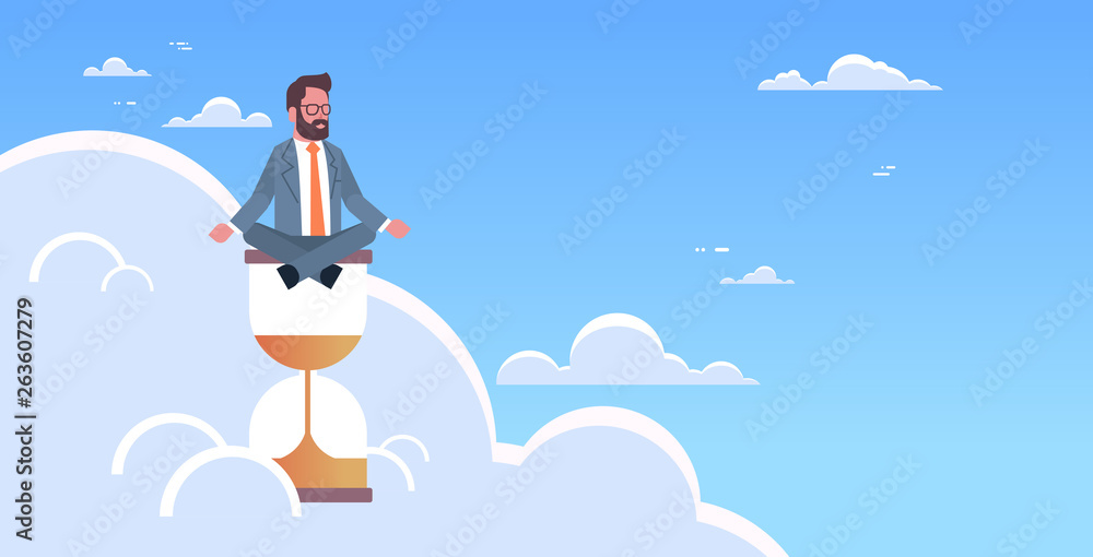 businessman sitting lotus position on sand clock in sky time management deadline concept business man meditating yoga pose horizontal male character full length businessman sitting lotus position on sand clock in sky time management deadline concept business man meditating yoga pose horizontal male character full length
