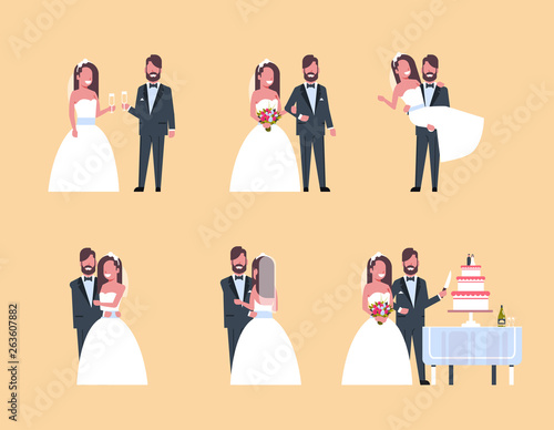 set just married man woman standing together different poses collection romantic couple bride and groom in love wedding day concept full length horizontal flat