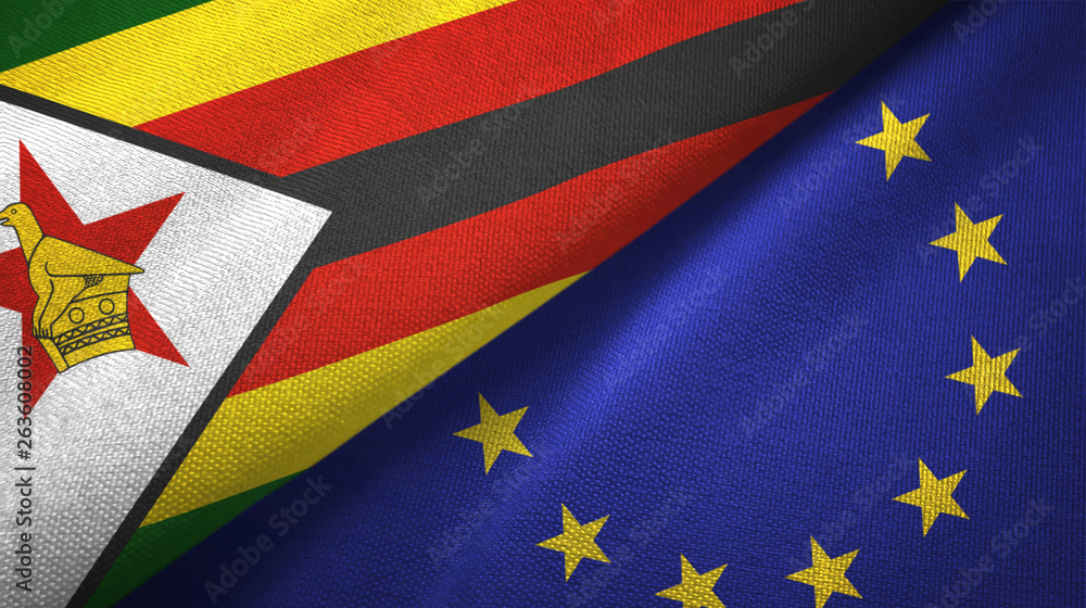 Zimbabwe and European Union two flags textile cloth, fabric texture Zimbabwe and European Union two flags textile cloth, fabric texture