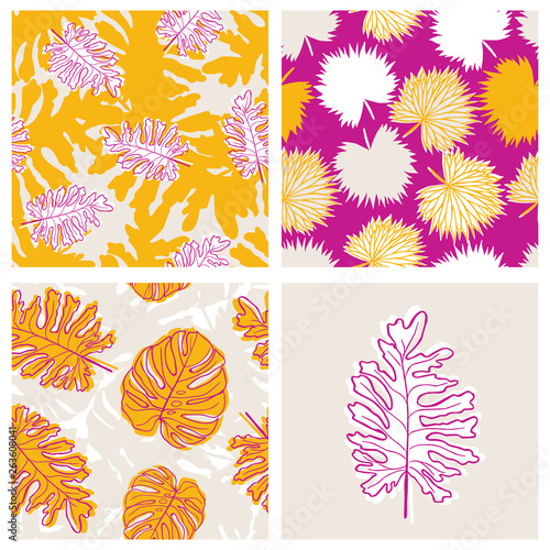 Beautiful tropical leaves and flowers summer pattern design set
