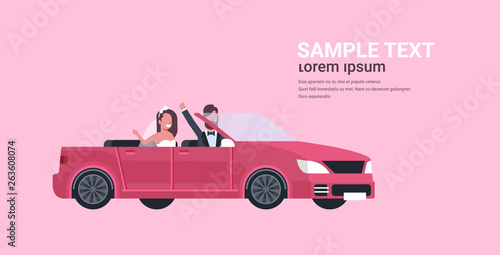 Just married bridegroom and bride on road