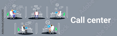 agents sitting workplace desks call center support service communication concept operators team in headphones talking with customers sketch doodle horizontal banner