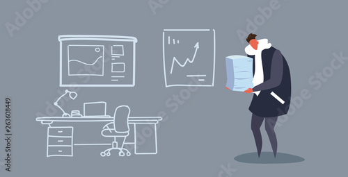 overworked man holding paper stack office worker workout paperwork concept modern workplace cabinet interior sketch doodle horizontal