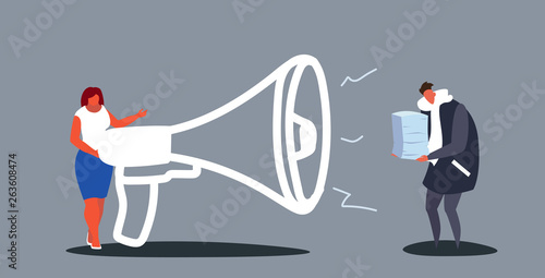 businesswoman boss screaming with megaphone on overworked man holding paper stack tired office worker paperwork deadline concept sketch doodle horizontal