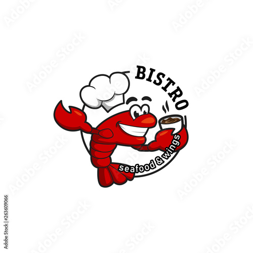 Lobster Crawfish chef with coffee cup logo mascot illustration for seafood bistro, restaurant, or cafe
