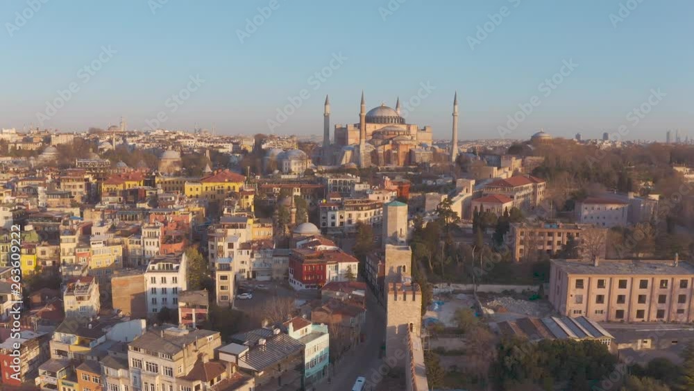 Drone video of Istanbul Turkey in the Sultanahmet area with touristic mosques (hagia Sophia, aya sofia, blue mosque and the bosphorus with a view to the European and Asean sides on a sunny morning. Drone video of Istanbul Turkey in the Sultanahmet area with touristic mosques (hagia Sophia, aya sofia, blue mosque and the bosphorus with a view to the European and Asean sides on a sunny morning.