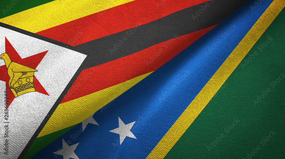 Fototapeta premium Zimbabwe and Solomon Islands two flags textile cloth, fabric texture