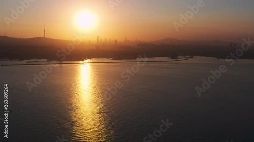 Drone video of Istanbul Turkey in the Sultanahmet area with touristic mosques (hagia Sophia, aya sofia, blue mosque and the bosphorus with a view to the European and Asean sides on a sunny morning. photo