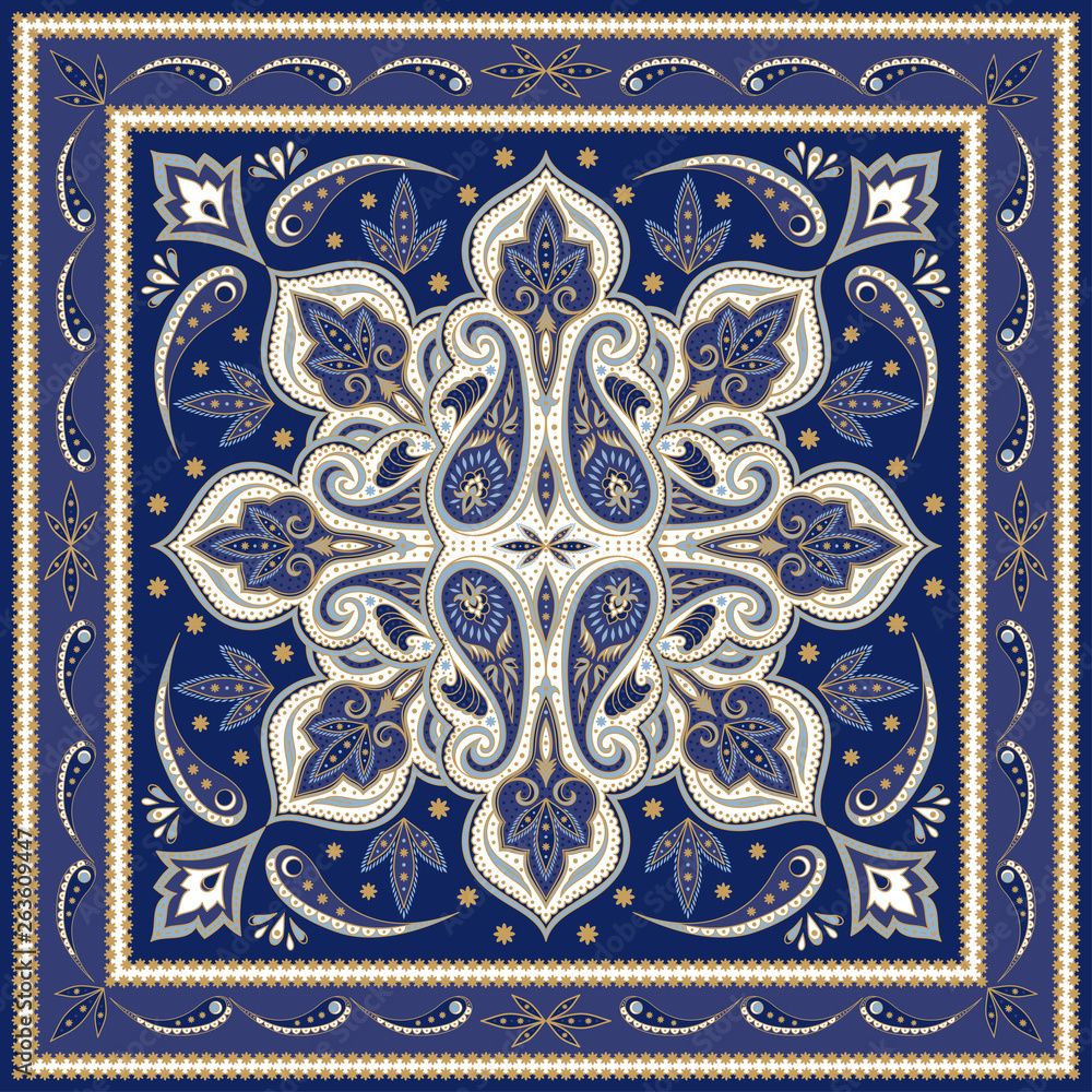 Indian paisley pattern vector. Silk scarf medallion fabric print. Floral mandala and vintage flower ethnic ornament. Persian design for woman shawls, batik, rug, pillow, bandana, carpet texture.