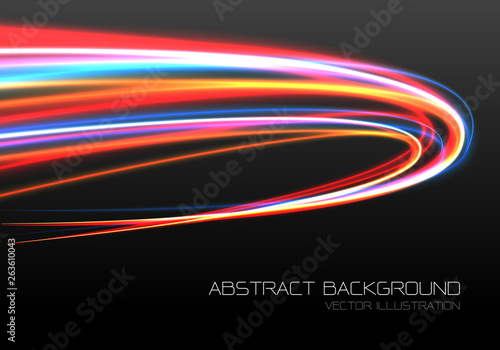 Abstract color light fast speed curve motion on black technology luxury background vector illustration.