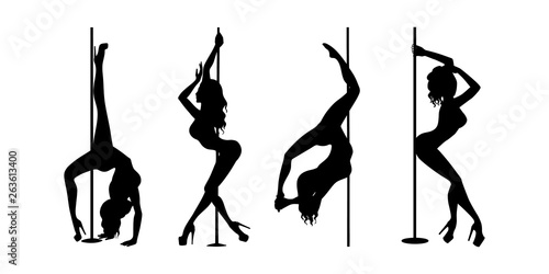 set of vector silhouette of girl and pole on a white background. Pole dance illustration for fitness, striptease dancers, exotic dance. Illustration EPS10 for logotype, badge, icon, logo, banner, tag.