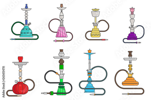 Oriental culture smoke cloud arabian cafe hookah shisha turkish aroma lifestyle lineart set flat design vector illustration