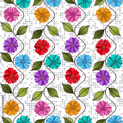 Seamless pattern with garlands of colorful flowers and leave © Olga Drozdova