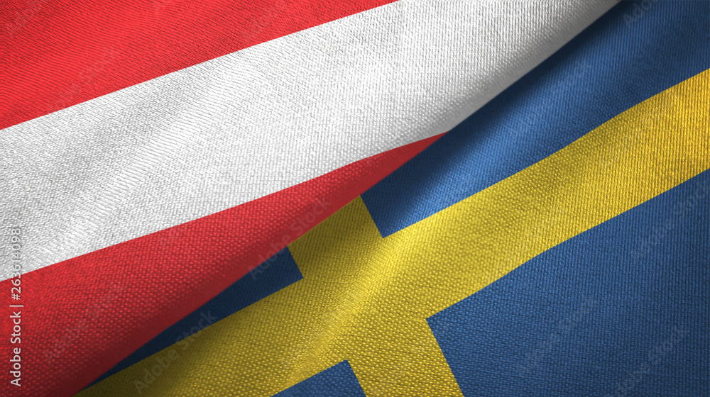 Austria and Sweden two flags textile cloth, fabric texture Austria and Sweden two flags textile cloth, fabric texture