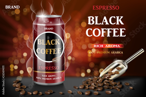 Realistic black canned espresso coffee with beans in 3d illustration. Product coffee drink design with bokeh background. Vector