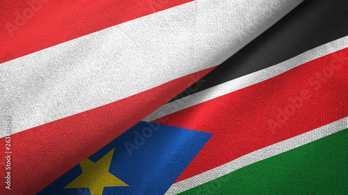 Austria and South Sudan two flags textile cloth, fabric texture