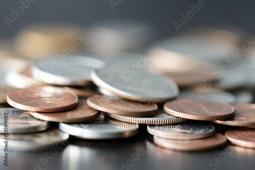 American cents on a dark surface close up