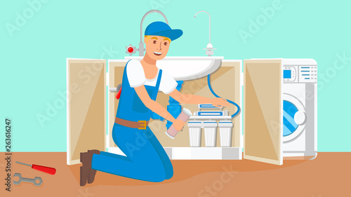 Repairman Changing Water Filter Cartridges Vector